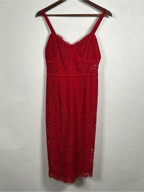 Express Red Lace Piped Corset Midi Sheath Dress.